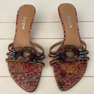 Hype tiny heel slides. Multi print leather. Size 6.5
